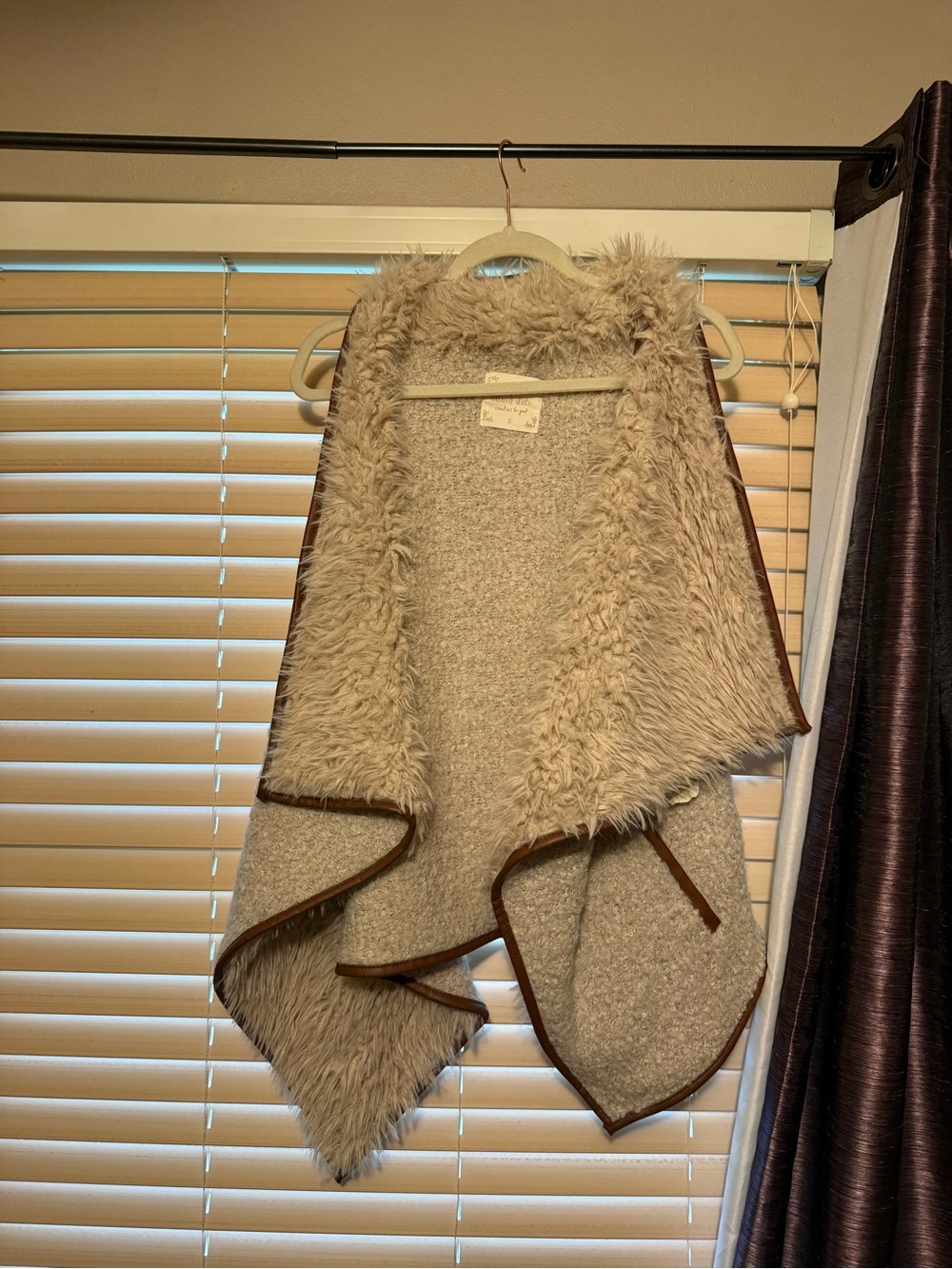 Altar'd State Cream Faux-Shearling Draped Vest with Brown Trim